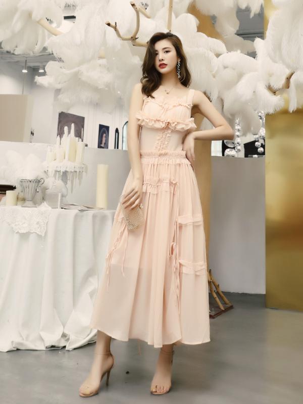 

High Quality Chiffon 2020 Summer Sexy Party Women Spaghetti Strap Ruffle Flower Deco Sleeveless Club Long Maxi Dress, As pic