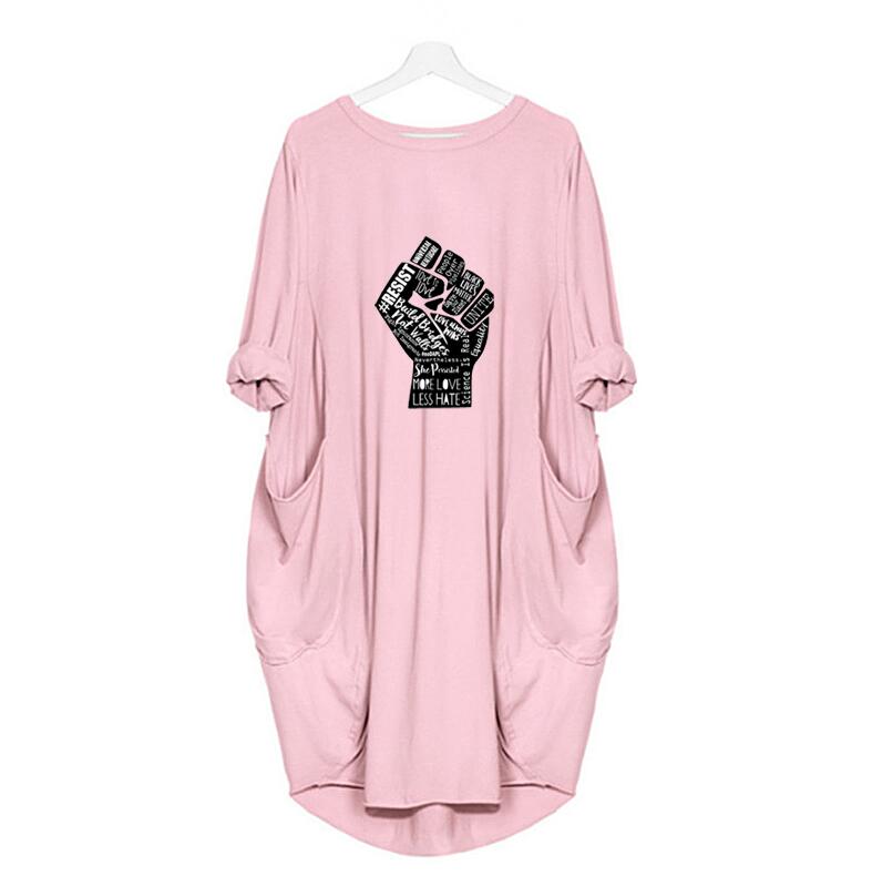 

Black Lives Matter 2020 Women Dress Long Sleeve T shirts Dresses Spring Summer Casual Round Neck Pocket Loose Plus Size 5XL Optional, Pink