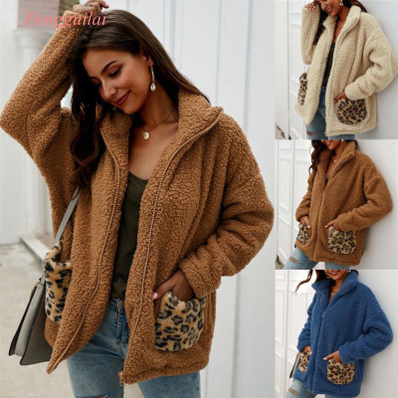 

Leopard Patchwork Casual Teddy Coat Women Faux Fur Coat 2020 Autumn Winter Fur Jacket Plus Size Plus Overcoat Outwear, Blue