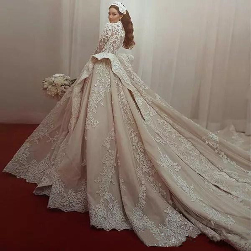 

High Neck Muslim Saudi Arabia Wedding Dresses Modest Bridal Gowns Custom Made Lace Appliques Long Sleeves Chapel Vestidos De Mariage, Red