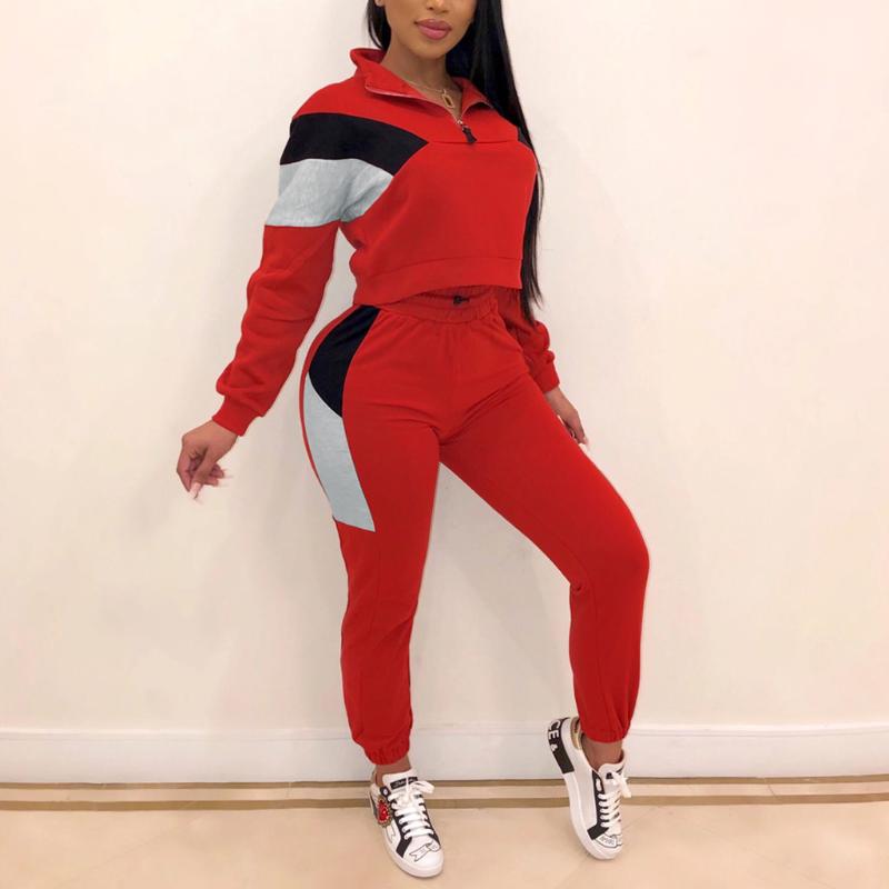 

tracksuit women sportwear women' sports suit Women Sexy Long Sleeve Zipper Patchwork Blouse Tops+Long Pants Suit Sets#y15, Red