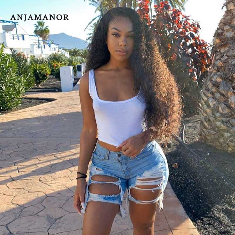 

ANJAMANOR Sexy Ripped High Waisted Jeans for Women Plus Size Clothes Hole Tassel Distressed Vintage Skinny Denim Shorts D22-CG36, Black
