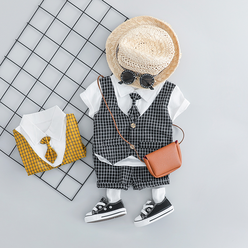 

HYLKIDHUOSE 2020 Summer Toddler Infant Clothing Sets Baby Boys Clothes Suits Plaid Vest Shirt Shorts Kids Children Costume, Black