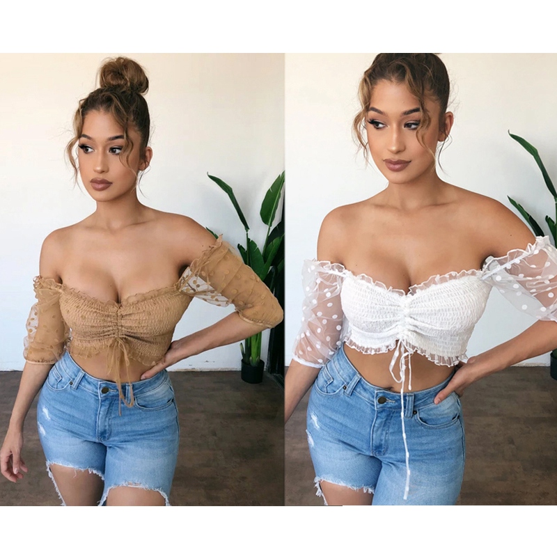 

Off Shoulder Polka Dot Puff Sleeve Chiffon Blouse Shirts Summer Backless Drawstring Ruched Crop Tops Blouse, Khaki