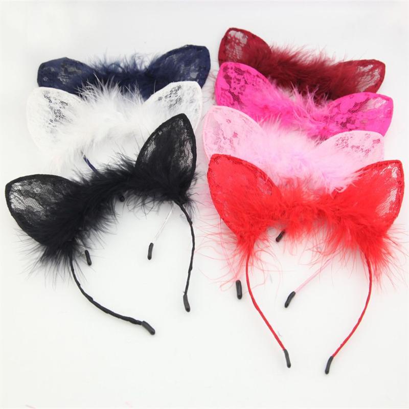 

2020 Hot sale Fashion New Cute Hairy Feather Lace Cat Ears Hair Band Solid Color Halloween Headdress Girls Women Hair Accessorie