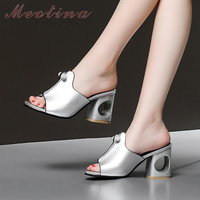 

Meotina Women Shoes Summer Slides Crystal Fretwork Heels Party Shoes Peep Toe High Heel Slippers Lady Sandals Large Size 33-46, Beige