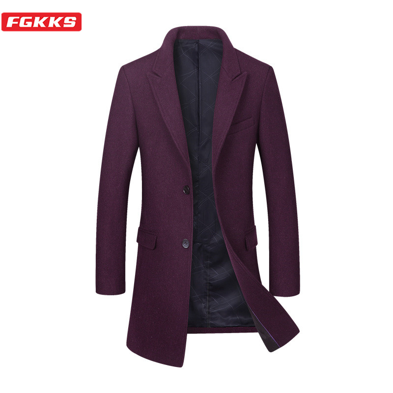 

FGKKS New Wool Blend Coats Men Winter Brand Men's Fashion Solid Color Wool Coat Casual Slim Long Section Overcoat Male, Black