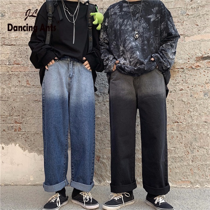 

Jeans Women Harajuku Korean Vintage Denim Colorblock Pants New Female Bf Straight Man Trousers, Black