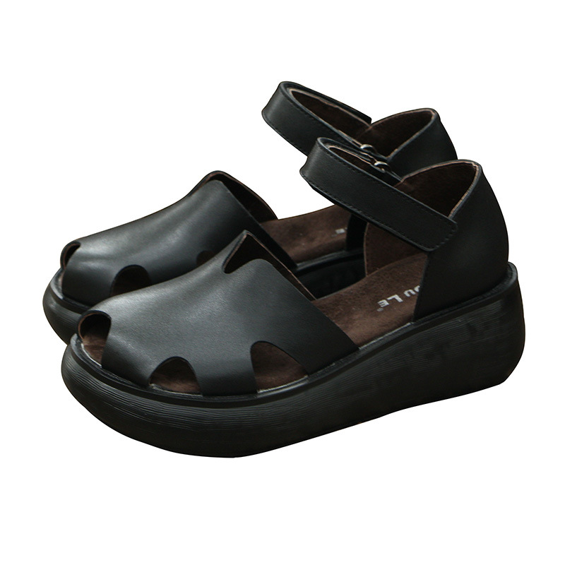 

New leather retro heightening sandals female summer thick bottom wedges muffin bottom baotou leather Roman women's shoes, Black