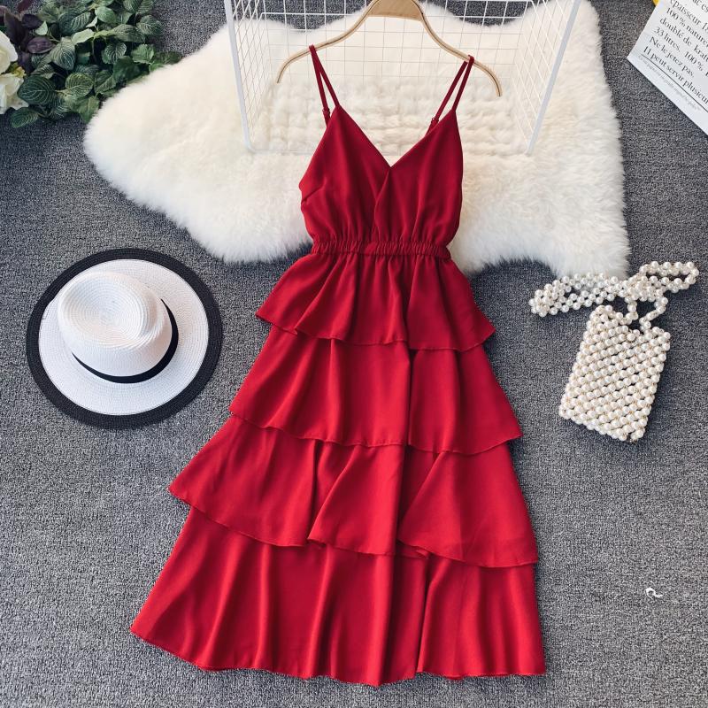 

Summer New Women Solid Ruffles Slim Dress V-neck Spaghetti Strap A-line Medium Long Pleated Dress Casual Beach Dresses Vestidos, Black