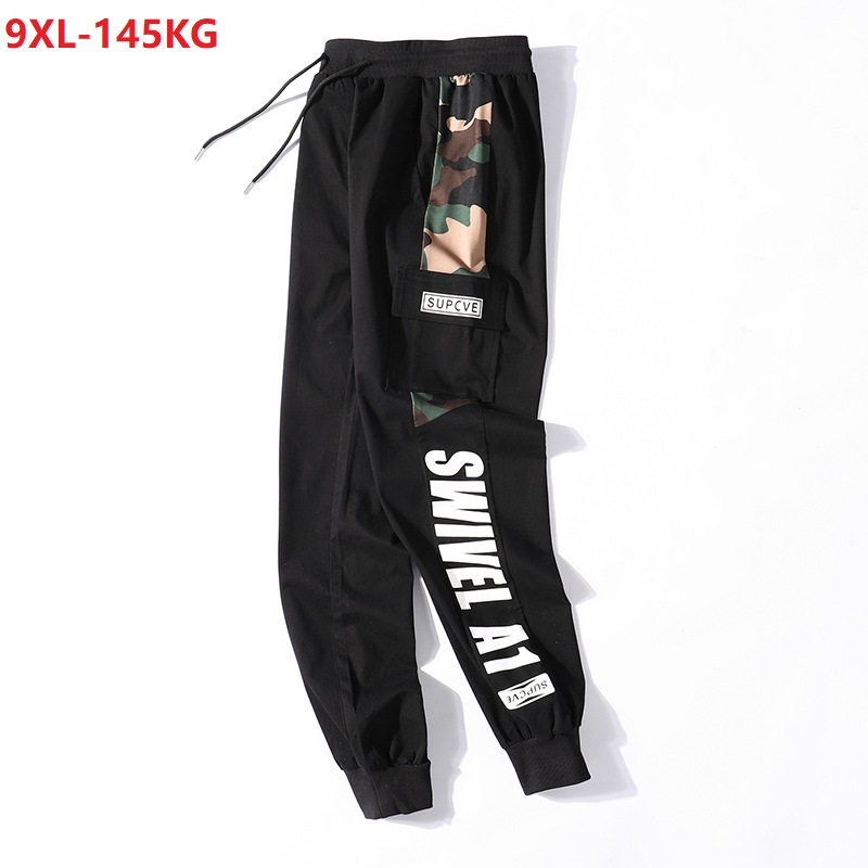 

summer Men cargo pants letter Camouflage pockets high street pants plus size 7XL 8XL 9XL oversize safari style elasticity, Black