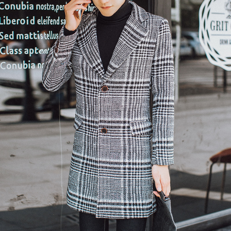 

Fashion British Style Vintage Plaid Trench Coats Windbreaker Slim Fit Retro Long Jackets Mens Clothing Wool, Dark gray