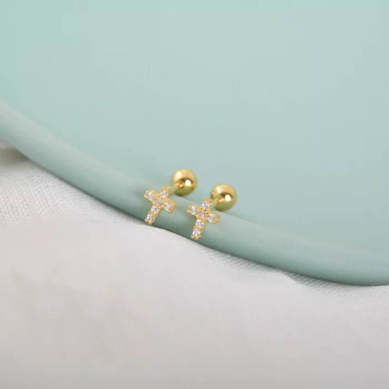 

925 Sterling Silver Earrings Fashion Zircon Mini Cross Ear Bones Set Screw Small Earrings Trend Wild Men And Women Silver Jewely
