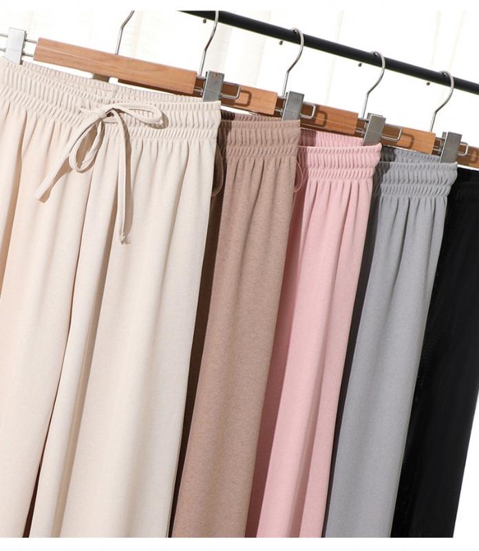 

Women Summer Thin Knit Trousers Long Wide Leg Loose Pants Ankle Length Pants Casual trouser Elastic Waist Plus Size -4XL, Beige