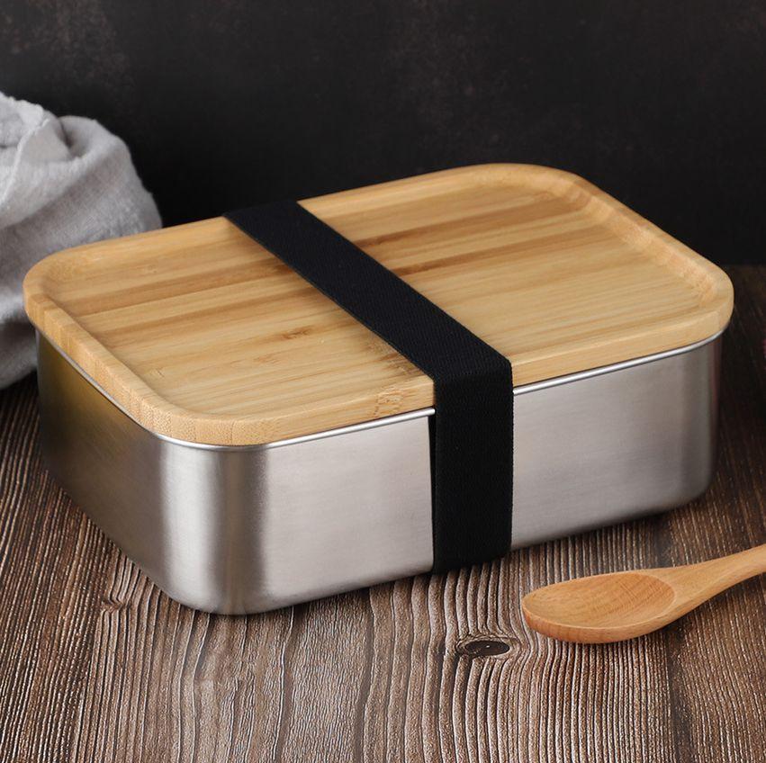 

800ml Container Lunch Boxes with Bamboo Lid Stainless Steel Bento Box1 Layer Kitchen Container, 16cm 800ml