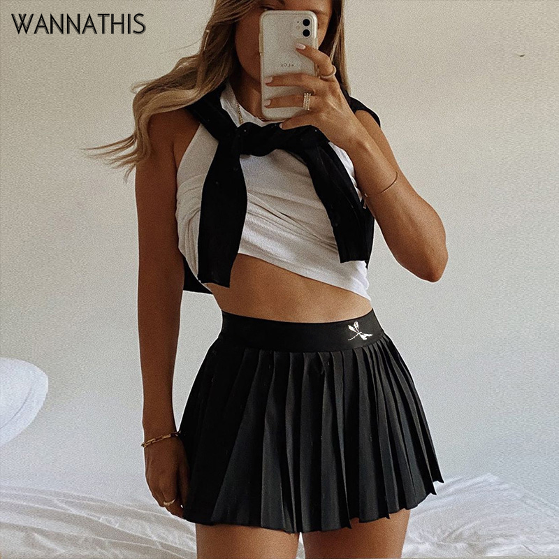 

WannaThis Black Pleated Skirt Summer High Waist Pleated Mini Skirt Women' Fashion Slim Waist High Street White Solid Hot Skirts