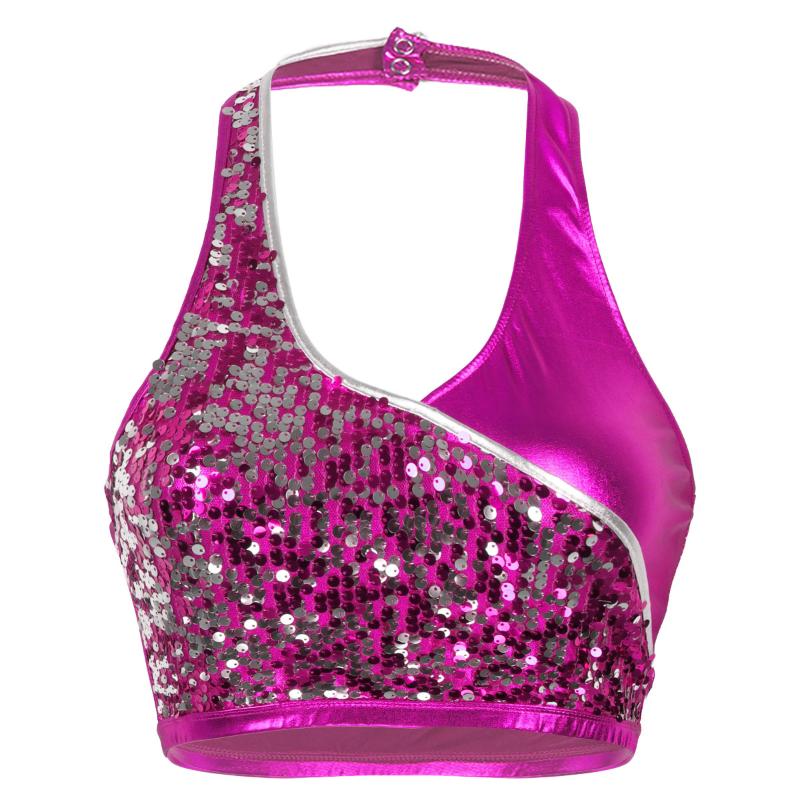 

Womens Shiny Metallic Sequined Dance Tank Tops Halter Neck Sleeveless Low Back Bustier Vest Crop Top for Raves Dances Clubwear, Black