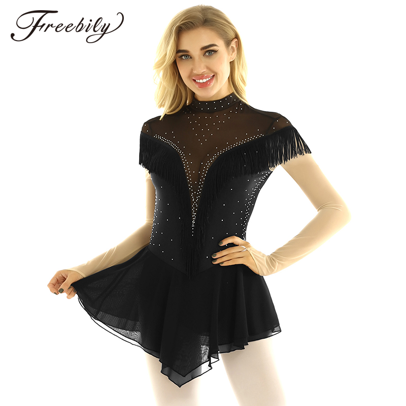 

Women Adults Dancewear Long Sleeve Shiny Rhinestones Tassels Skating Dress Ballet Gymnastics Leotard Competition Dance Costume, Black