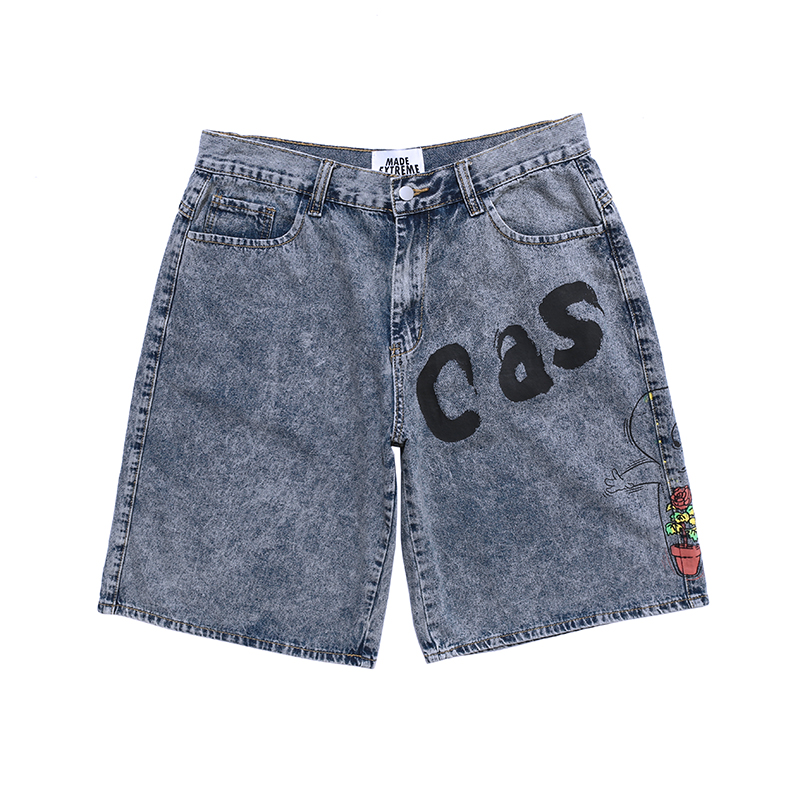 

Harajuku Letter Print Washed Loose Jeans Shorts Oversize Streetwear Five Point Pants Hip Hop Wide Leg Denim Shorts Men and Wome, Blue