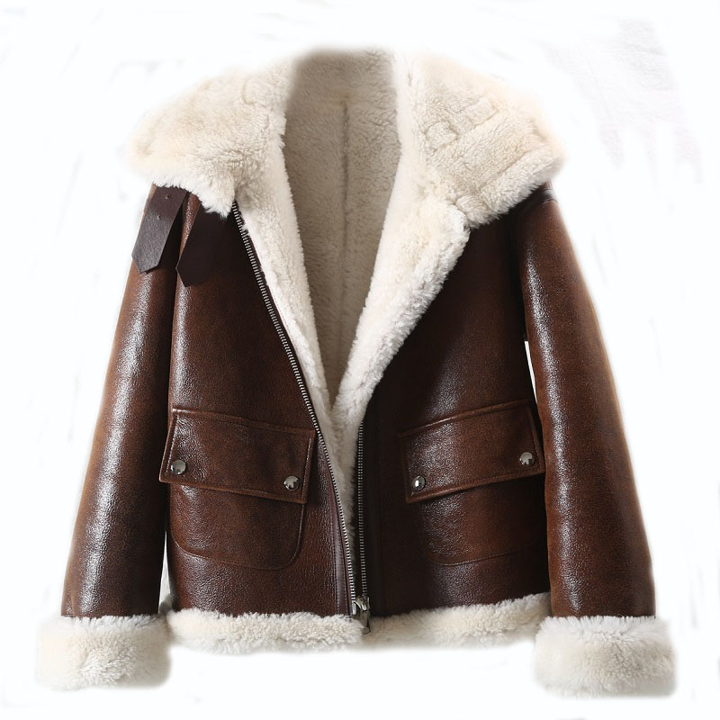 

2020 Winter Jacket Women Real Fur Coat Natural Merino Sheep Fur Genuine Leather Outerwear Streetwear Thick Warm, Brown