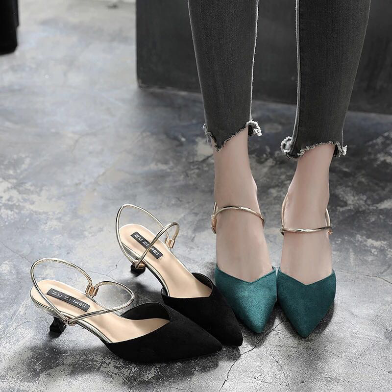 

Women's Sandals Summer New High-heeled Shoes Women's Pointed Stiletto Heel Medium Heel Word Black Cat Sandals Women, Black-5cm