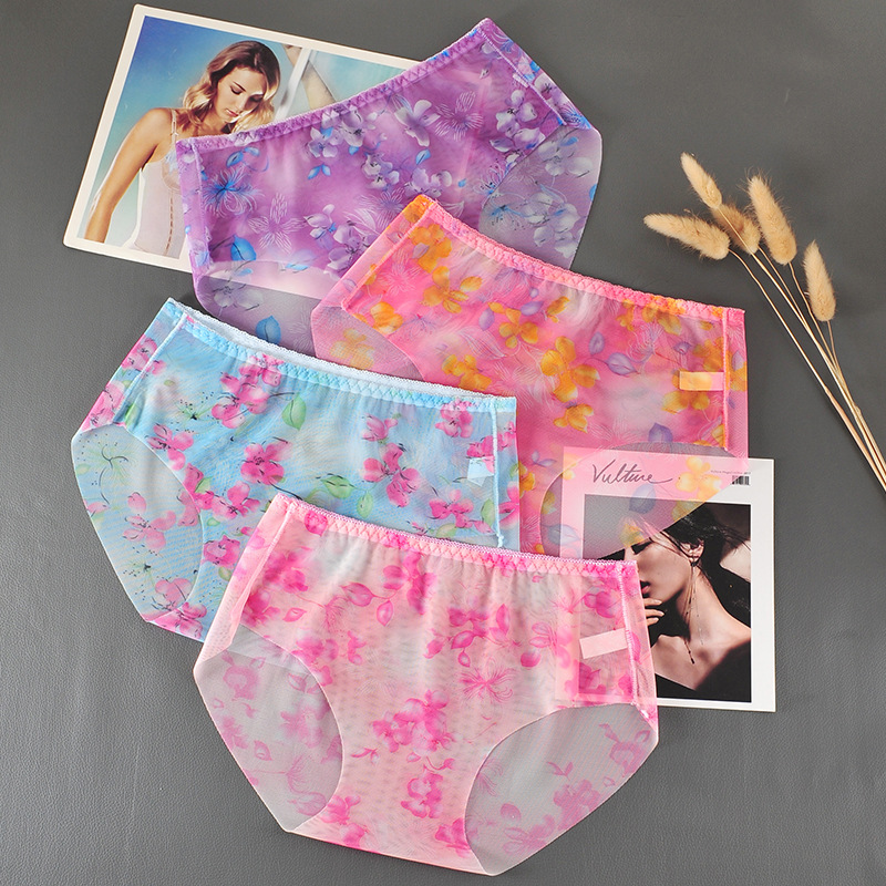 

Women Print Seamless Briefs Underwear Sexy Women Panties Mid-rise Ultra-thin Transparent Ladies Panties Female Lingerie  L XL, E blue