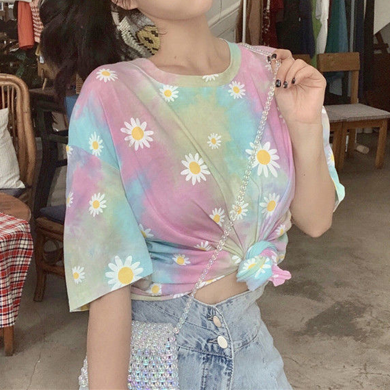 

Galaxy T Shirt Women Short Sleeve T-shirt Loose Daisy Print Tops Summer Fashion Tie dyed Harajuku Tee Plus Size, Blue