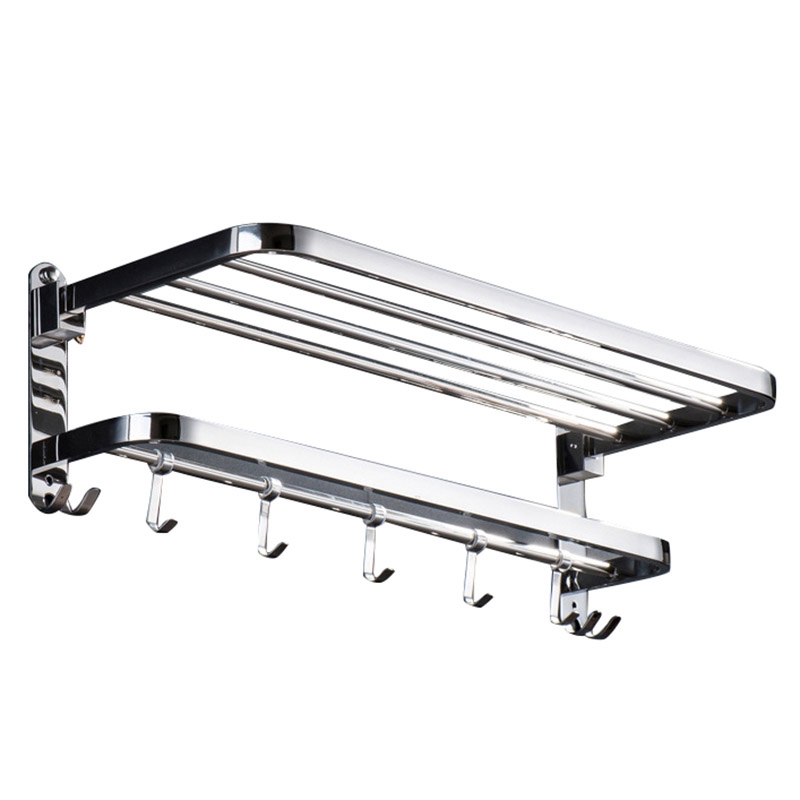 

Multifunctional Stainless Steel Anti-Rust Toilet Bathroom Foldable Towel Rack Wall Mounted Storage Double Level with Hooks Rod H, Silver
