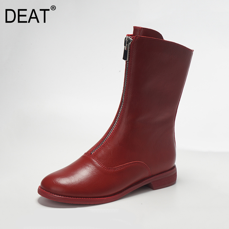 

DEAT] 2020 Round Toe Front Zipper Retro Genuine Leather Single Shoes Women Short Cool Boots New Spring Summer Fashion 10G840, Beige