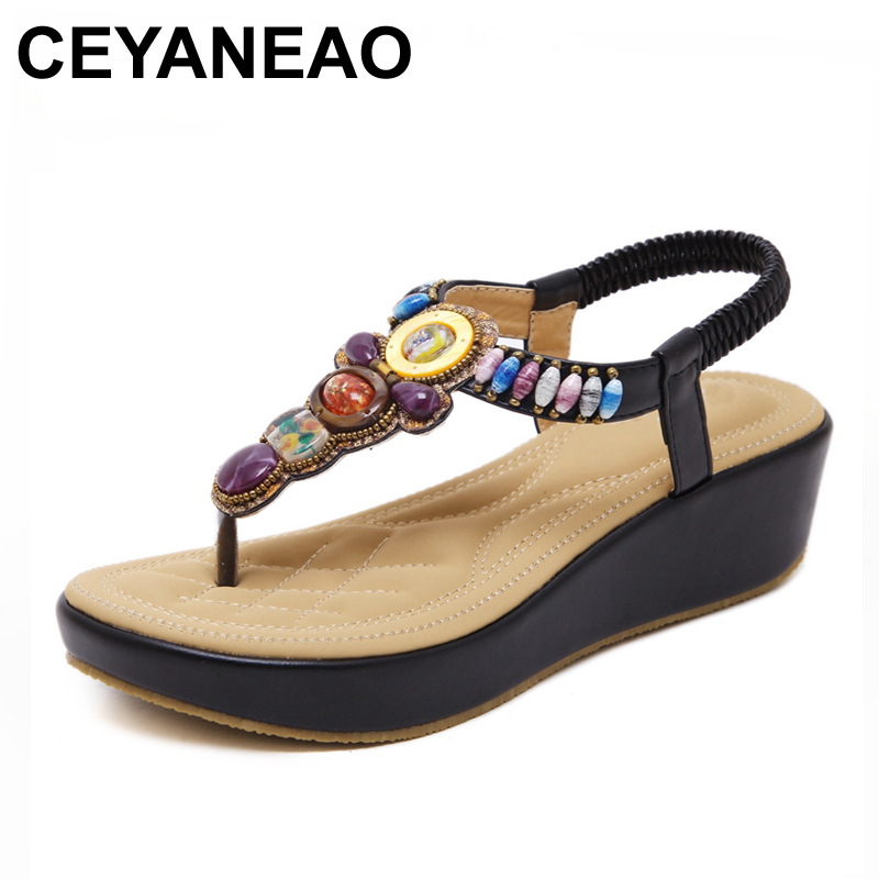 

CEYANEAO 2020 Summer women shoes new fashion slope woman sandals beads Plus size Femme Soft Open Toe wedges Women Sandals, Black