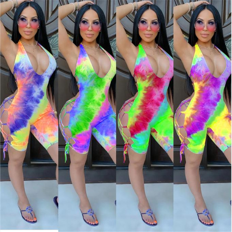 

Women tie dye print lace up side open back halter v-neck sleeveless bodycon sexy playsuit one piece romper hollow out jumpsuits