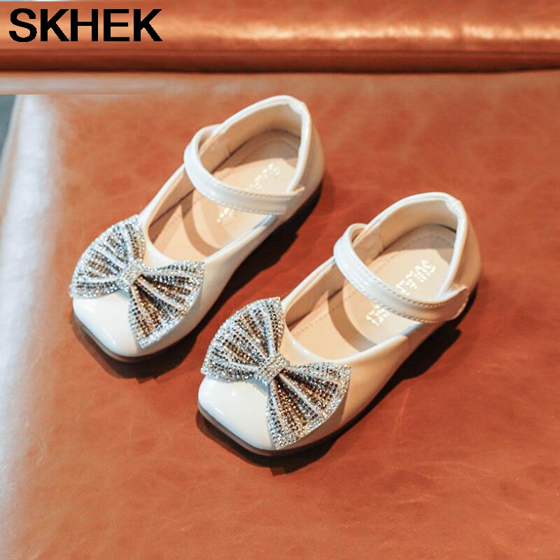 

SKHEK Girls' Leather Shoes Princess Sequined Shallow Mouth Bow Soft Children's Peas Shoes 2020 Autumn Pink Rubber PU, Black