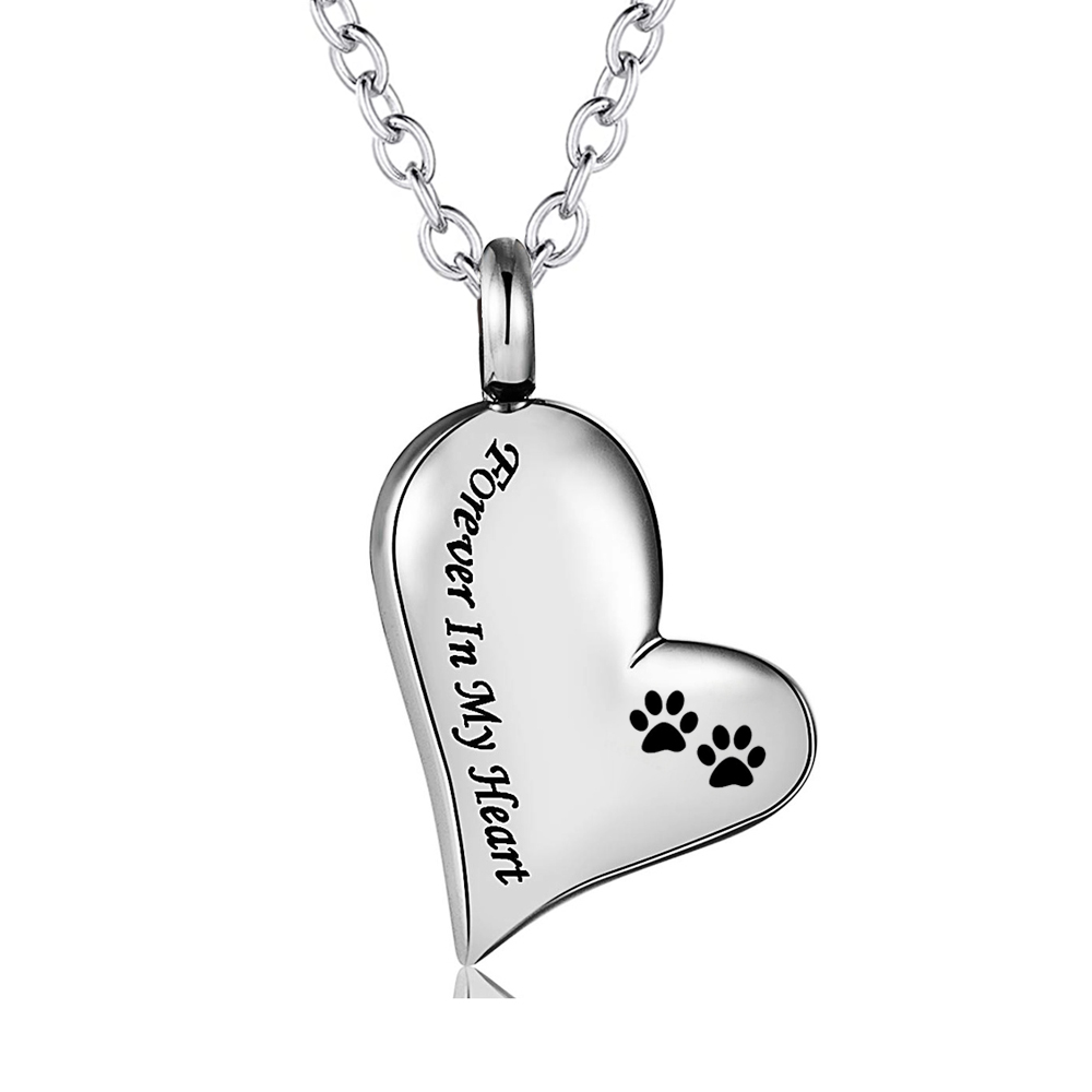 

Stainless Steel Silver Paw print Cremation Jewelry Pet Dog Cat Forever in My Heart Ashes Keepsake Urns Pendant Necklace for Women