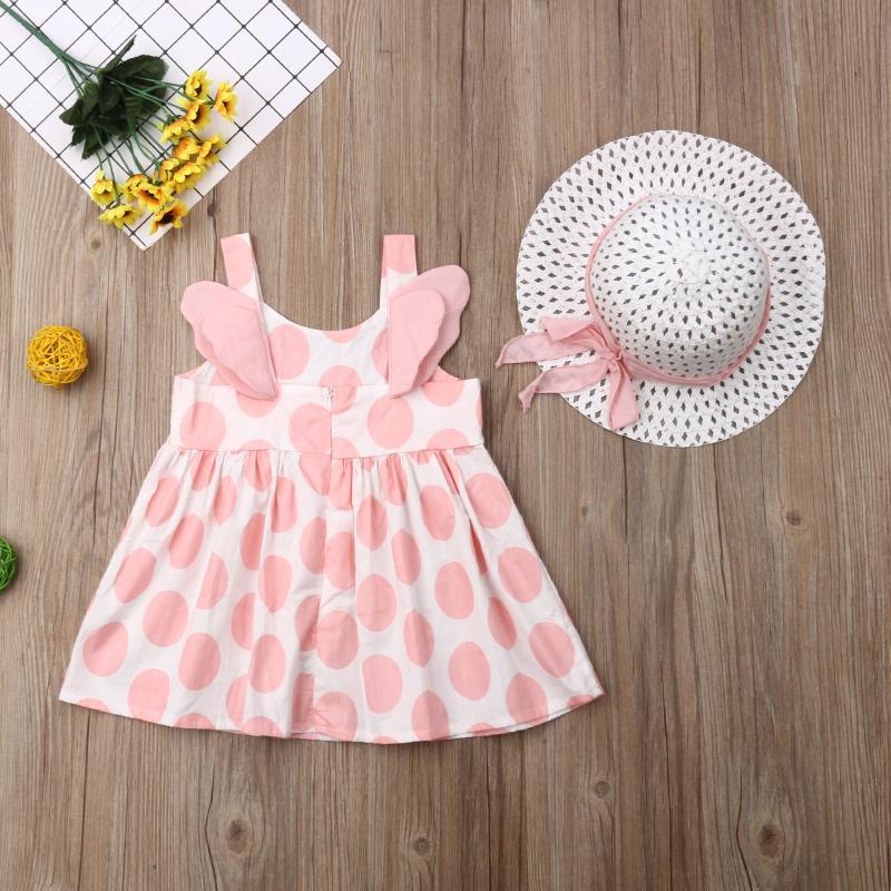 

2colors 6M-3Y Sling Dots Dress for Toddler Baby Girls Princess Dresses with wing +Hollow Hats summer 2pcs clothing, Pink