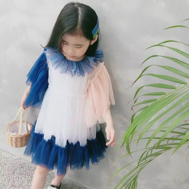 

Summer girls tutu dress baby 2 pcs set dress + vest tee kids fashion suit children streetwear mesh ruffle sleeve 4 to 12 yrs, Blue pink