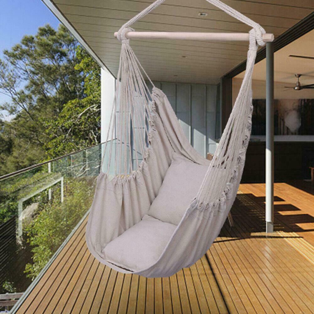 

Hammock Hanging Rope Chair Swing Seat Patio Camping Wooden /w 2 Pillows Beige