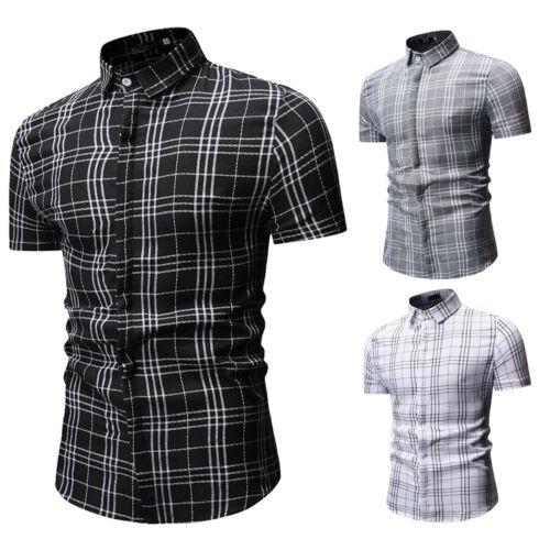 

2019 Men's Short Sleeve Plain Stand Neck Cotton Casual Luxury Check Print Cotton Work Shirt Tops -3XL, Black