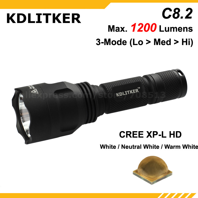 

New KDLITKER C8.2 Cree XP-L HD White 6500K / Neutral White 5000K / Warm 3000K 1200 Lumens LED - Black (1x18650