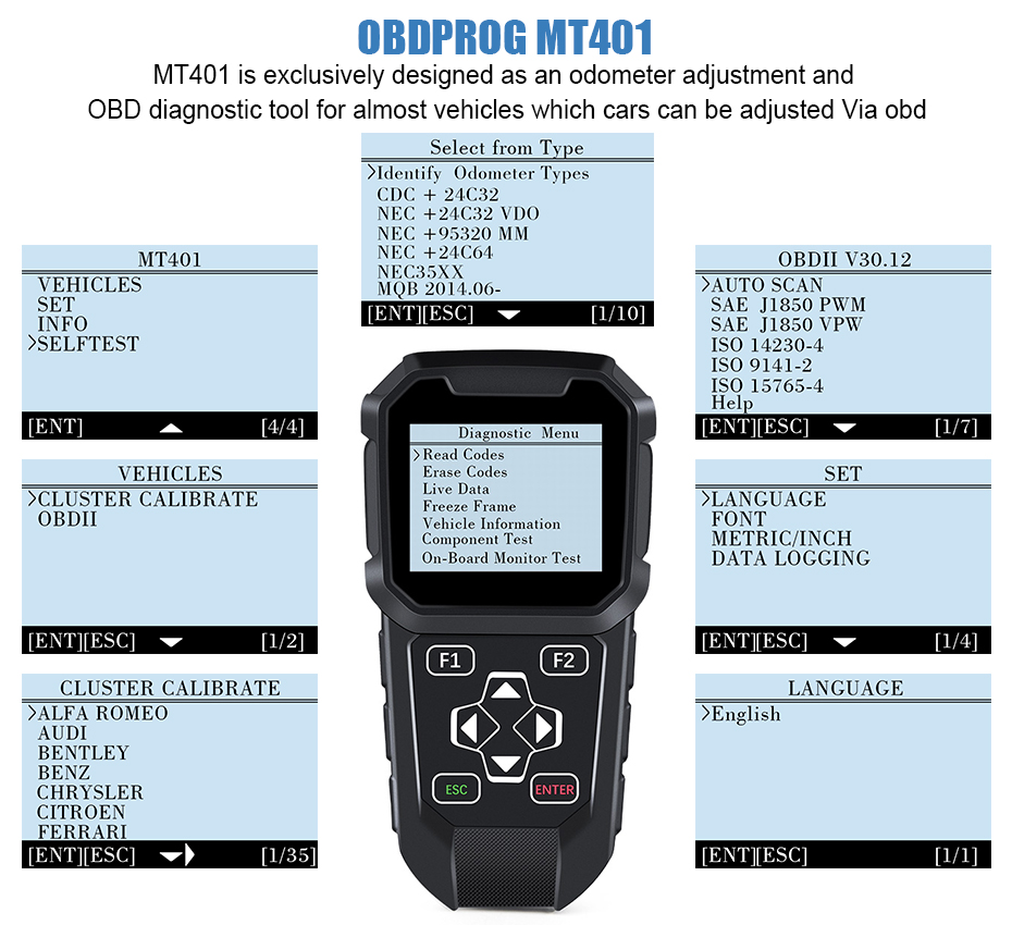 

OBDPROG MT401 Mileage Adjustment Odometer Correction Tool and OBD Code Reader Odometer Reset OBD2 Code Reader Diagnostic Tool