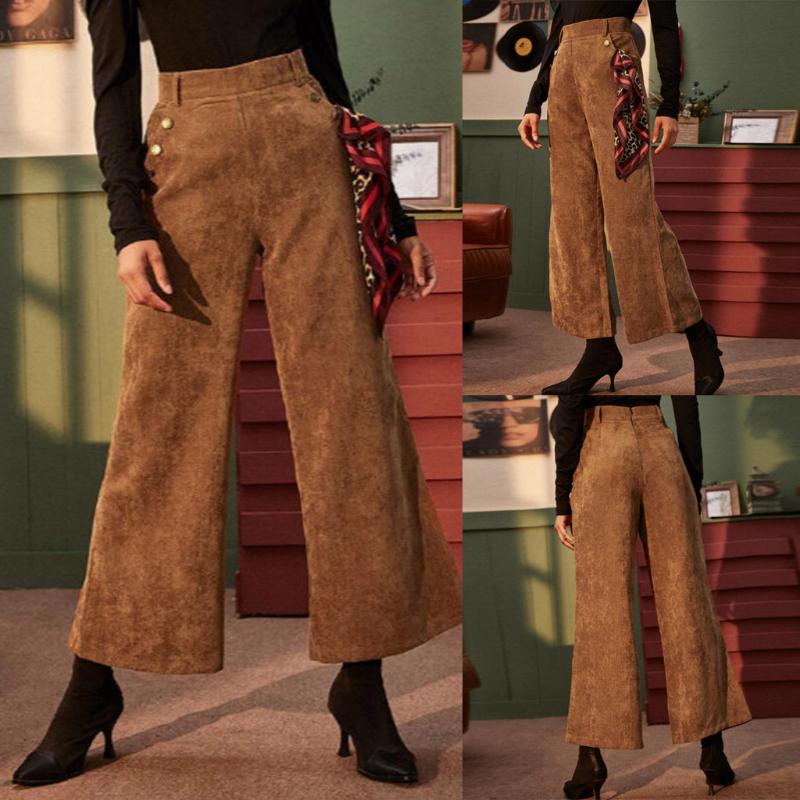 

2020 Fashion Women Broad Leg Corduroy Casual All-Match Pants With Pockets Durable Thick Daily Leggings Pure Color Spring Autumn, Beige