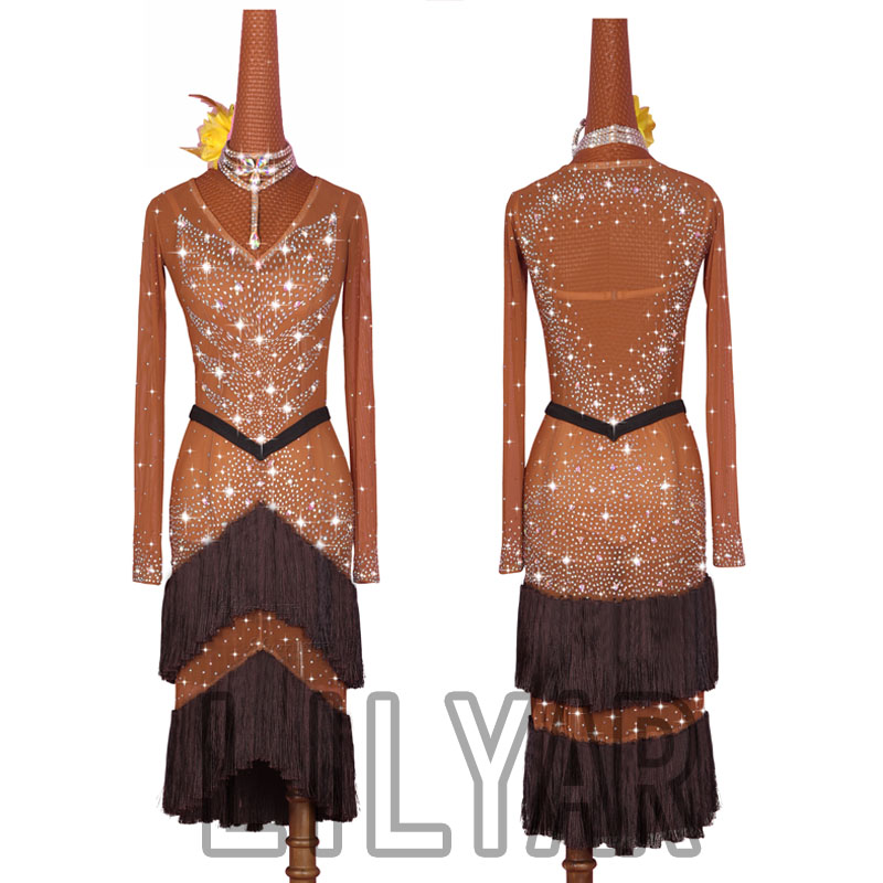 

Latin Dance Dress Latin Skirt Competition Dress Costumes Performing Dresses Sparkly Rhinestones Customize Dark Skin Color Tassel
