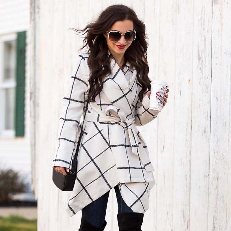 

autumn and winter women' woollen Lacing turn-down collar overcoats plaid asymmertrical clothing lounge wear fashion Coat, Black