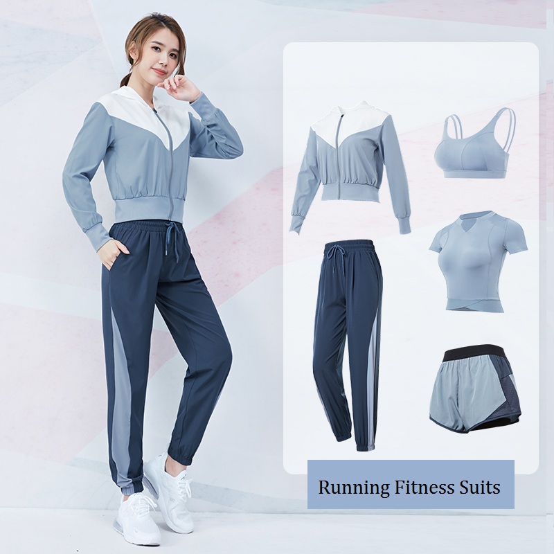 

2020 Women Running Yoga Suits Spliced Colors 5pcs Training Fitness Outdoor Sports Set Quick Dry Gym Clothing Sweatpants Suit, Rtc11463