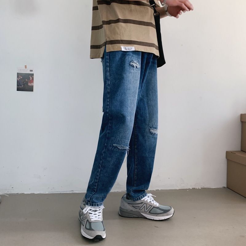 

Shredded Jeans, Hong Kong Style, Straight, Loose Ins Pants, Korean Version of The Trend, Wild, Nine Points, Beggar Pants, Tide, Blue
