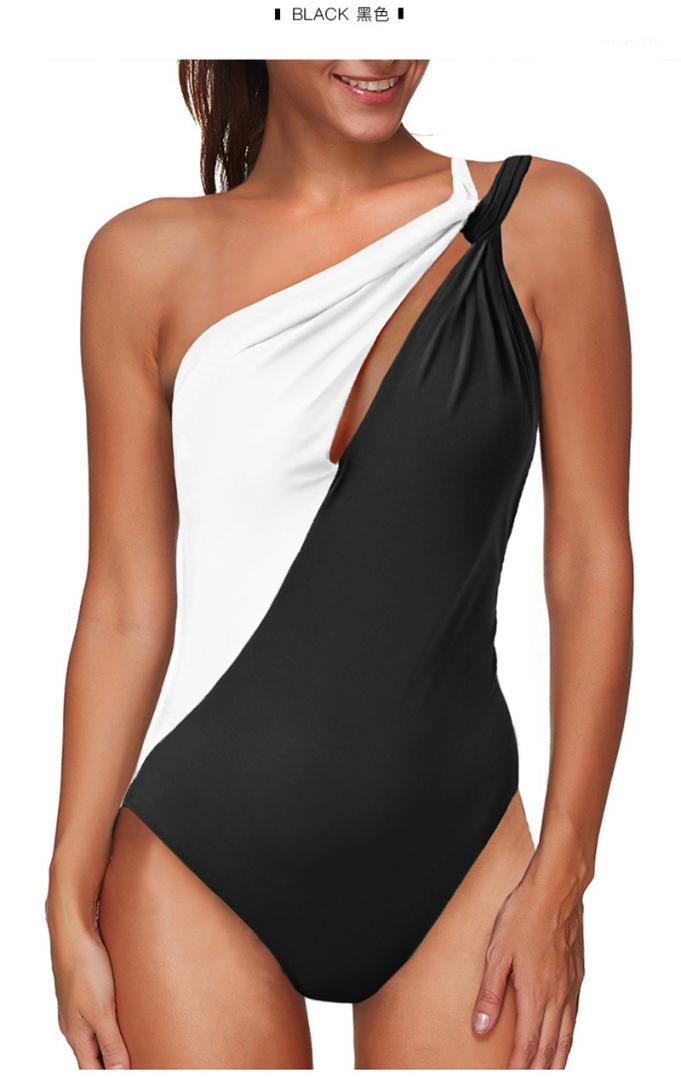 

One Shoulder Women Swimwear Designer Women Swimsuits Sexy Slim One Piece Sets Casual Summer Bikini Fashion Patchwork, Black