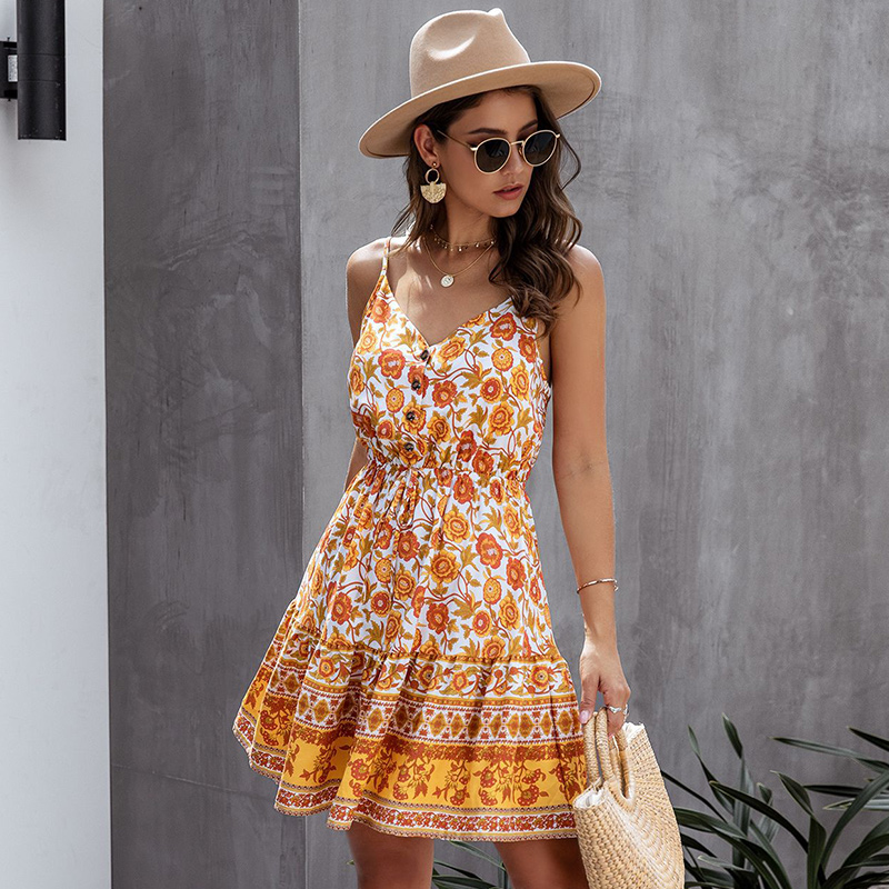 

Summer Sweet Spaghetti Strap Button Dress Women Cotton Print V Neck High Waist Sleeveless Dress 2020 New, Blue