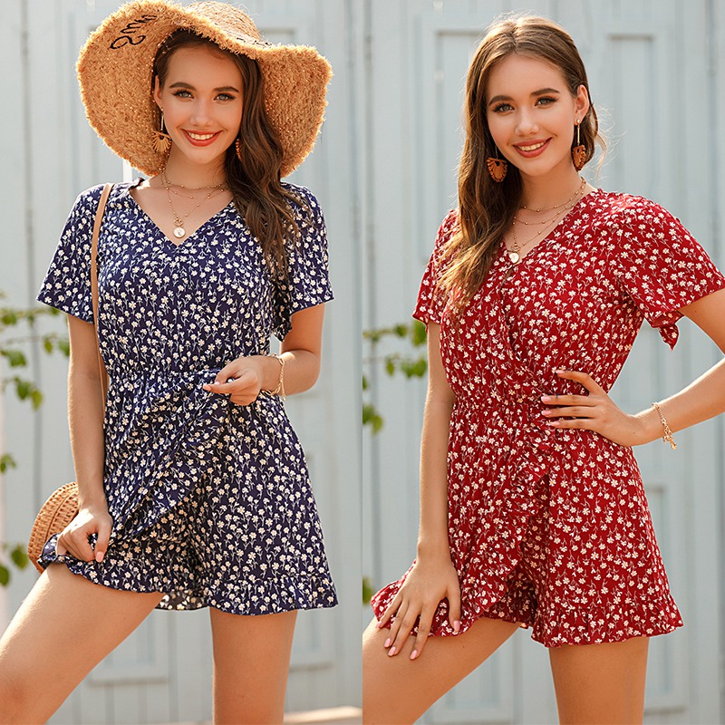 

Women' Floral Printed Playsuit Summer V Neck Short Sleeved Jumpsuit Casual Ruffle Short Jumpsuit Rompers, Royal blue