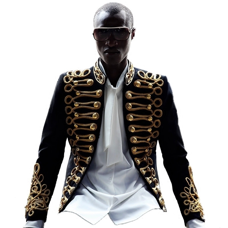 

Gold Embroidery Jacket Coat Men Stylish Blazer Black Nightclub Male Singer Host Costume European Style C Studio Stage Wears