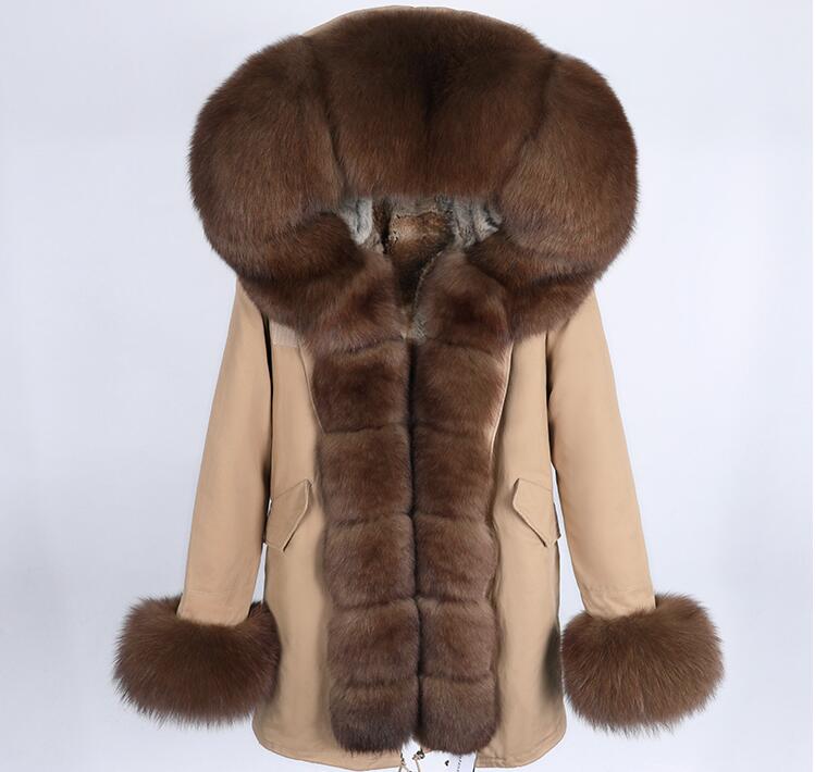 

Lavish brown fox fur trim and Placket Maomaokong Grass rabbit fur lining khaki long coat sleeve fur cut winter warm coats, Khaki coat