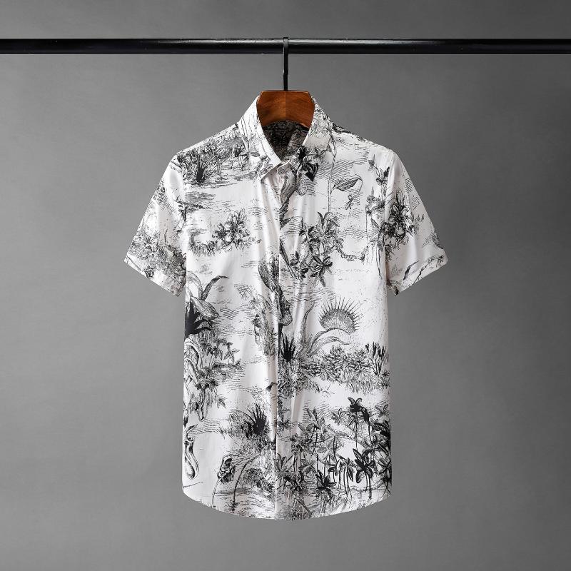 

New 100% Cotton Mens Shirts Luxury Digital Printing Short Sleeve Casual Mens Dress Shirts Plus Size 4xl Slim Fit Male, White